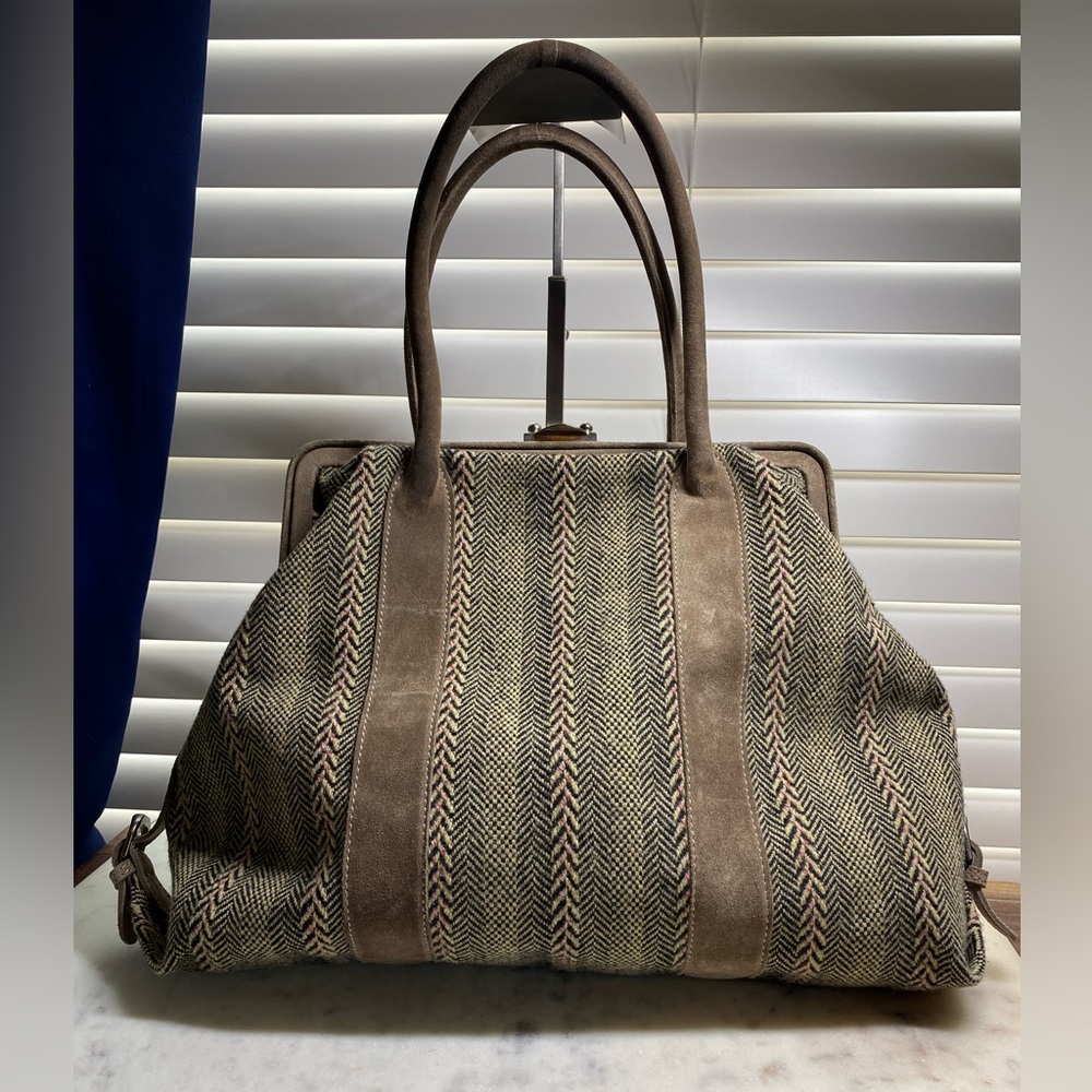 Marni Tweed and Suede Top-Handle Tote in Brown and Beige